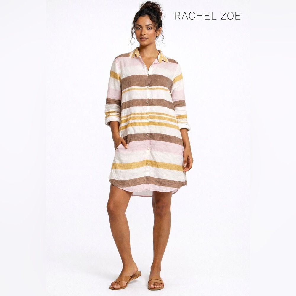 Rachel Zoe 100% Linen Striped Shirt Dress Tunic Medium Bust Boho resort